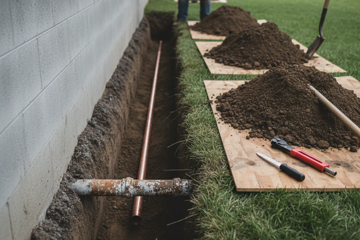 Excavated water line trench during Sewer Line Repair in Fingerville